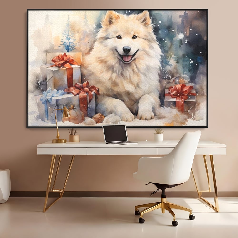 Tablou canvas cu tablou cu caine samoyed si cadouri de craciun, in rama de aluminiu negru, pe perete intr-un birou